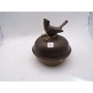 Vintage Brass Round Trinket Box with Bird Finial Lid Bronze Tone Metal 4 Inch